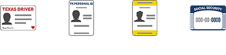Images shows representations of a Texas Driver's License, Texas Personal ID Card, Texas Election ID Certificate and Social Security Card. 