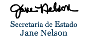 Foto y firma del Secretaria de Estado de Texas Jane Nelson