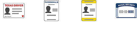 Las imágenes muestran representaciones de una licencia de conducir de Texas, una tarjeta de identificación personal de Texas, un certificado de identificación electoral de Texas y una tarjeta de seguro social. 